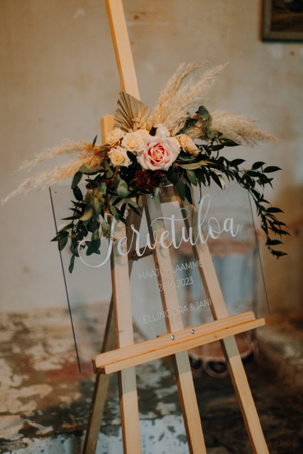 tervetuloa-kyltti ja kukkia